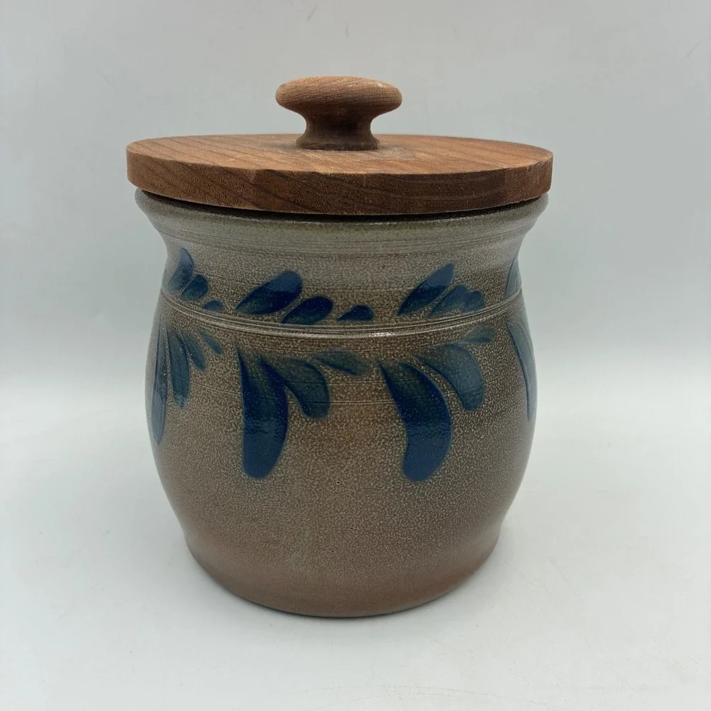 Eldreth Pottery 1992 Salt Glaze Stoneware Canister Blue Cobalt Leaf Wood Lid PA